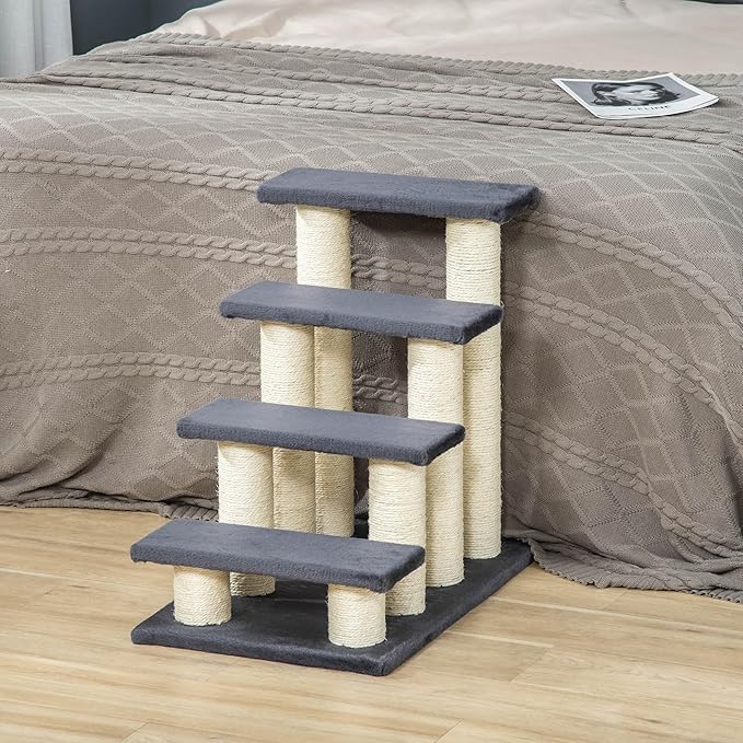 4 Levels Pet Stairs for High Beds Couch, Cute Stair Shaped Cat Tree for Indoor Cats or Dogs with Scratching Post, Hanging Play Ball, Gray