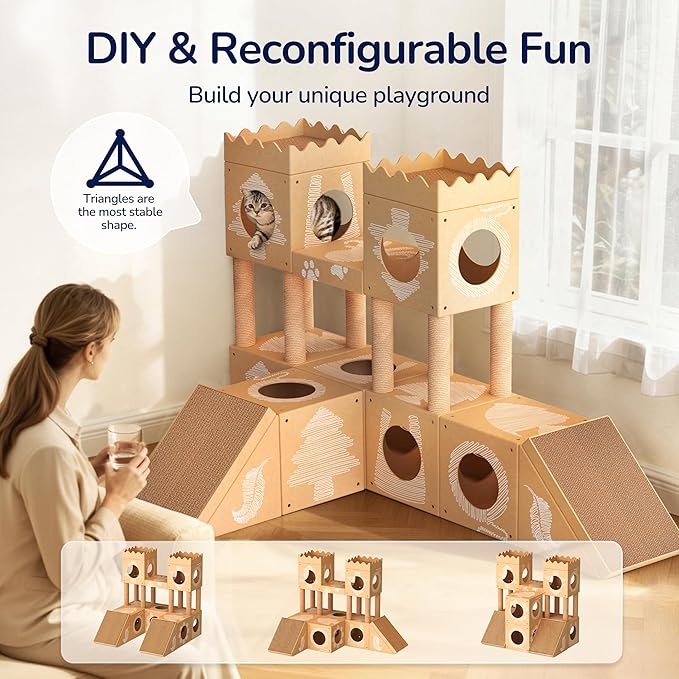 DIY Cardboard Cat House, Multi-Level Cat Tree Tower with Scratching Posts, Scratching Board, Tunnel & Playhouse for Kittens & Adult Cats, Recyclable 61″ × 36.6″ × 40.2″, Kraft Brown