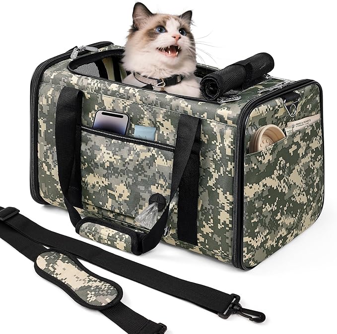 Cat Carrier Soft 25lbs Two Loading Pet Carriers Portable Small Dog Puppy Airline Approved Carrier with Side Pockets Foldable Portable for Outdoor Car Digital Grey