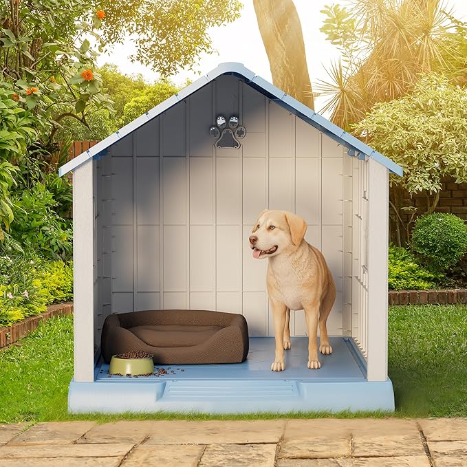 Bifanuo Dog House for Outdoor & Indoor Use with Window, Waterproof Ventilated Kennel with Elevated Floor, Easy to Clean Shelter for Small Medium Large Dogs (Blue, 37.2" L x 40" W x 40" H)