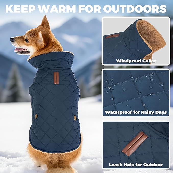 Dog Winter Coat, Warm Dog Jacket Windproof Waterproof Pet Cold Weather Coats for Small Dogs, Turtleneck Fleece Lined Dogs Clothes with Leash Hole, Navy Medium