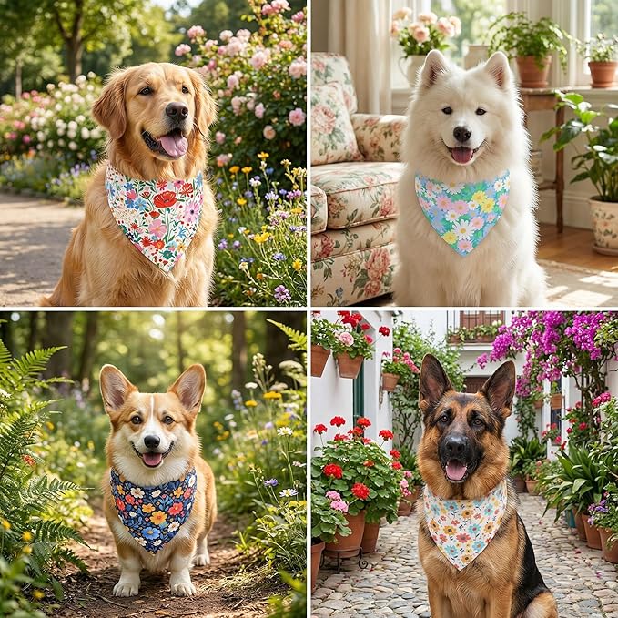 ADOGGYGO 4 Pack Floral Dog Bandanas, Colorful Flower Pet Scarf Bib, Spring Summer Floral Bandanas Costume Accessories for Small Dogs (Small)