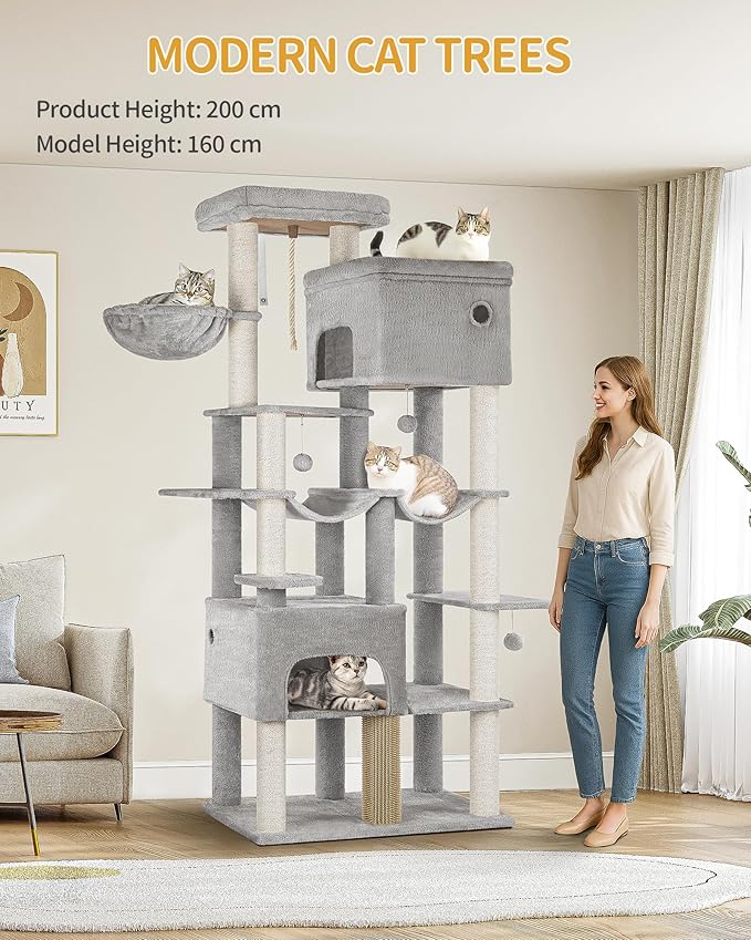 Cat Tree, 200cm XXL Cat Tree with 10 Scratching Posts, 2 Caves, 2 Hammocks, Large Platform, Cat Brushes, Basket, Heavy Duty Cat Tree for Maine Coons, Large Cats, Light Grey MS20018LG