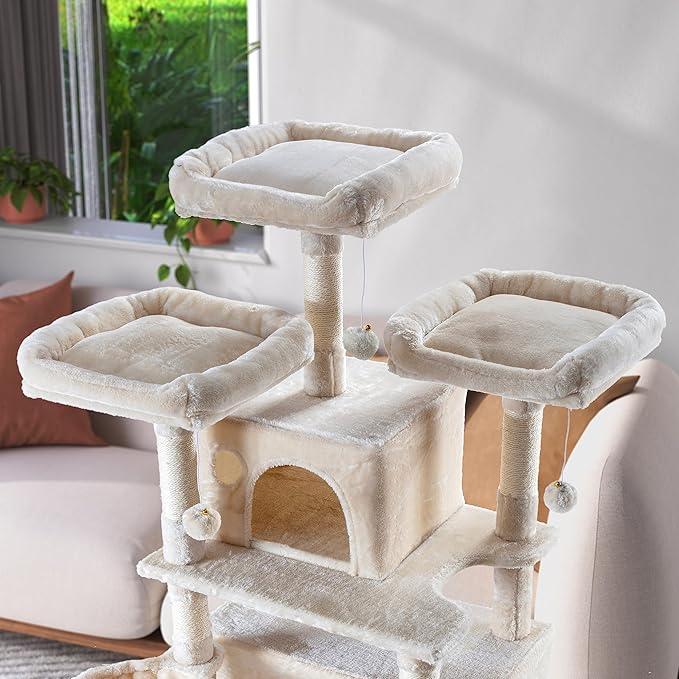 WEEWAY 68 Inches Multi-Level Large Cat Tree for Feline‌/Big Tower/Condo/Cozy Plush Kitty Perches/Fluffy Balls/Sisal Scratching Posts and Hammocks/Cave/Furniture Activity Center/Beige