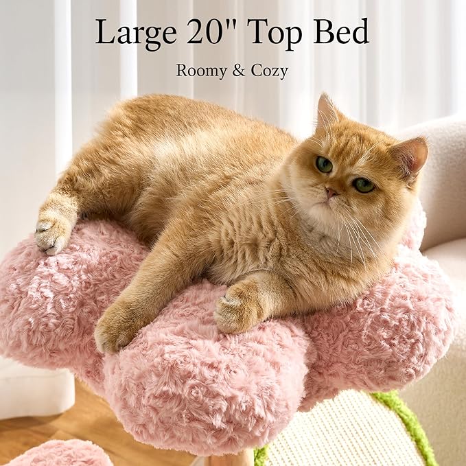 797Audio Natural Wood Flower Cat Tree, Modern Cat Tower with Real Solid Wood Branch, Luxury Aesthetic Cat Tree with Scratching Post, Scratch Pad, Cat Tree Tower for Indoor Large Adult Cats, Baby Pink