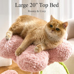 797Audio Natural Wood Flower Cat Tree, Modern Cat Tower with Real Solid Wood Branch, Luxury Aesthetic Cat Tree with Scratching Post, Scratch Pad, Cat Tree Tower for Indoor Large Adult Cats, Baby Pink