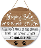 Baby Sleeping Sign Decor, Do Not Knock Or Ring Doorbell Hanging Sign For Front Door, No Soliciting Sign For Home Baby Room Nursery Outdoor, Funny Dog Warning Round Door Hanger Decorations -b03