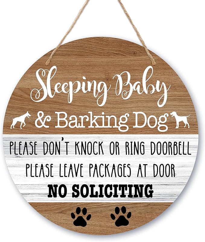 Baby Sleeping Sign Decor, Do Not Knock Or Ring Doorbell Hanging Sign For Front Door, No Soliciting Sign For Home Baby Room Nursery Outdoor, Funny Dog Warning Round Door Hanger Decorations -b03
