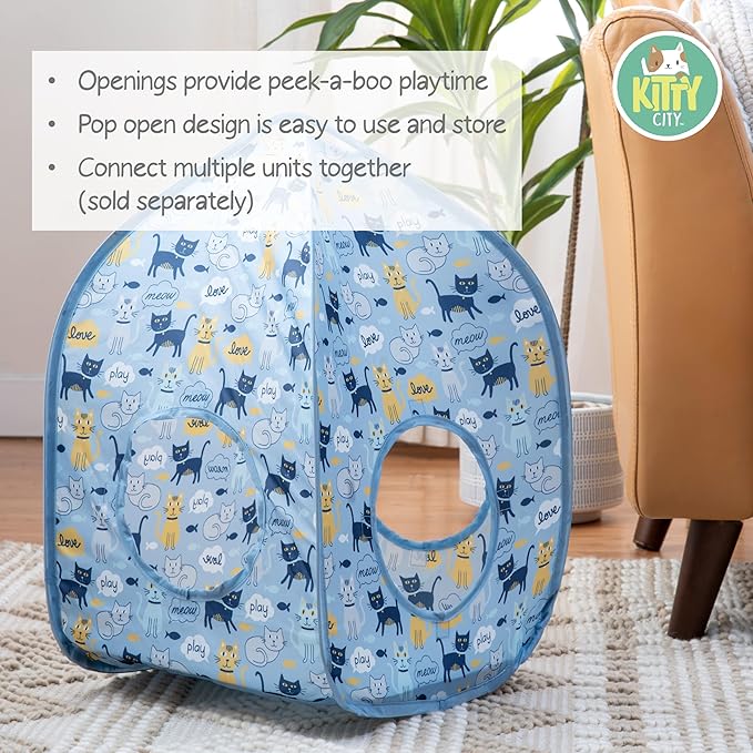 Kitty City Blue Cat-Themed Cat Play Furniture Set, Collapsible Pop-Up Cat Toys Combo with Cube, Tunnel & House, Indoor Cat Playground for Play, Hiding & Lounging