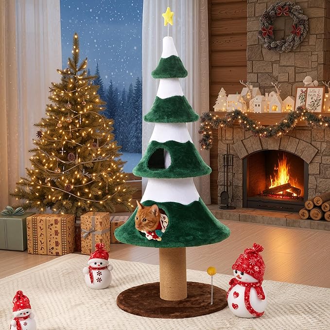 62" Cat Tower for Indoor Cats, Multi-Level Wooden Cat Tree with Sisal Scratching Posts, Cozy Cat Beds & Modern Holiday Design, Green