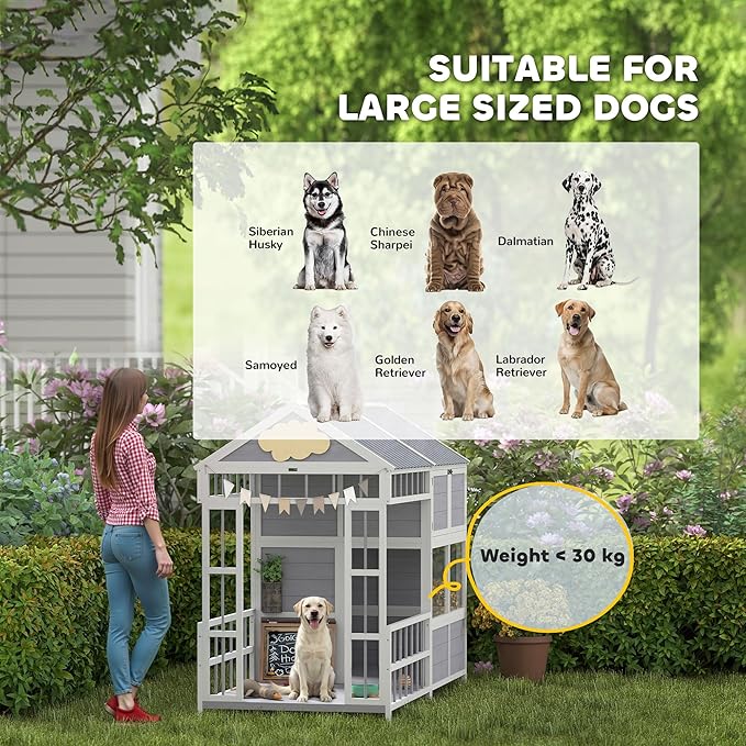 PawHut Dog House Outdoor Indoor, 79" x 41" x 63" Wooden Dog Shelter with Porch, Storage Cabinet, Weatherproof Roof, Elevated Floor, Air Vents & Observation Windows, Large Pet Shelter for Large Breeds