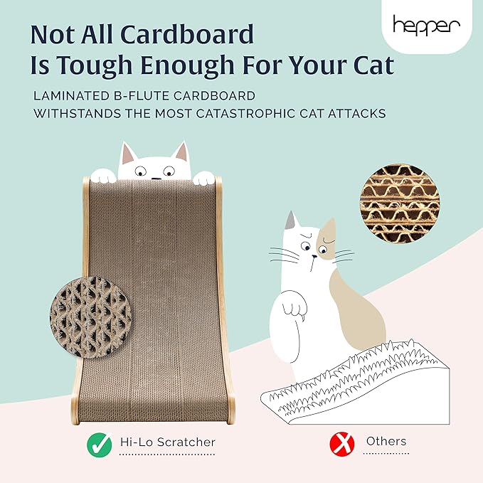 Hepper Hi-Lo Cardboard Cat Scratcher with Real Wood & Metal Frame - 3-Position Cat Scratchers for Indoor Cats - Curved Cat Scratching Board Activates Muscles - Cat Scratching Post for Large Cats