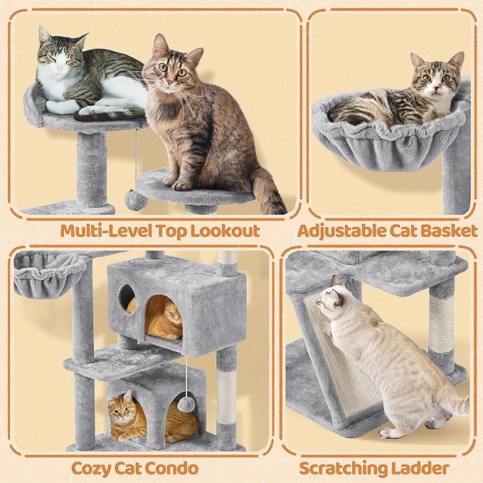 Topeakmart Cat Tree, 57 inches Multi-Level Cat Tree Tower with Scratching Posts, Cat Condo and Basket Kitten Activity Center, Light Gray