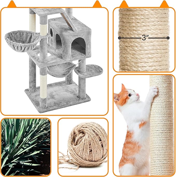 Topeakmart 71.5 inch Cat Tree Tower, Cat Furniture w/ 2 Condos, 2 Perches, 2 Hanging Balls Pet Stand House with Basket and Hammock for Indoor Cats and Kittens, Light Gray