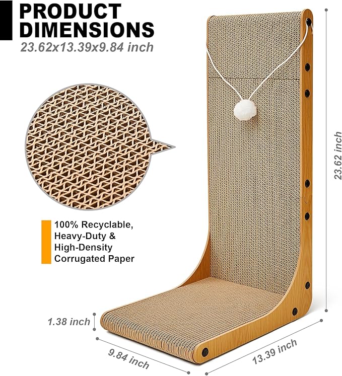 Cardboard Cat Scratcher, 23.6 Inch Cardboard Cat Scratching Post with Fuzzy Ball, Reversible Scratching Pad for Indoor Cats