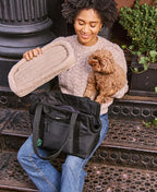 Cleverpup Transit Tote Dog Carrier for Small Dogs up to 8 lbs, 16x11x8 Soft-Sided 4-Pc Set with Waterproof Base, Plush Insert, Food Pouch, Mesh Head Opening - Small, Graphite Graphite