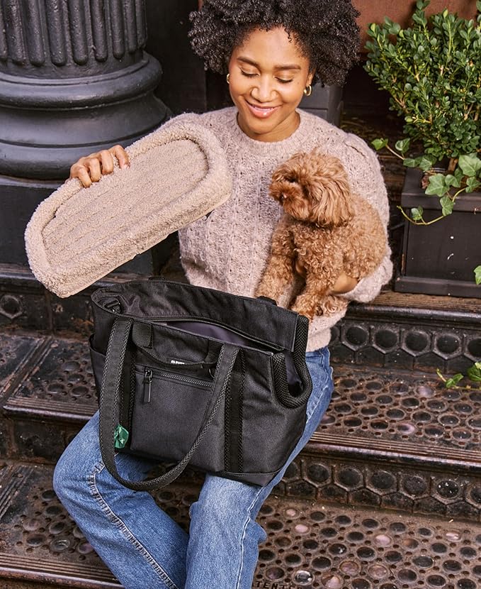 Cleverpup Transit Tote Dog Carrier for Small Dogs up to 8 lbs, 16x11x8 Soft-Sided 4-Pc Set with Waterproof Base, Plush Insert, Food Pouch, Mesh Head Opening - Small, Graphite Graphite