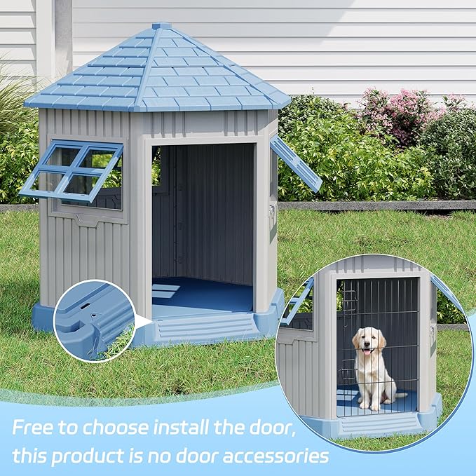 Fancyango Sturdy Dog House Indoor Outdoor for Small Medium Dogs, Weatherproof Puppy Shelter with Elevated Floor & Air Vents, Easy Clean and Assemble (Blue, 36.61" L x 29.5" W x 37.4" H)