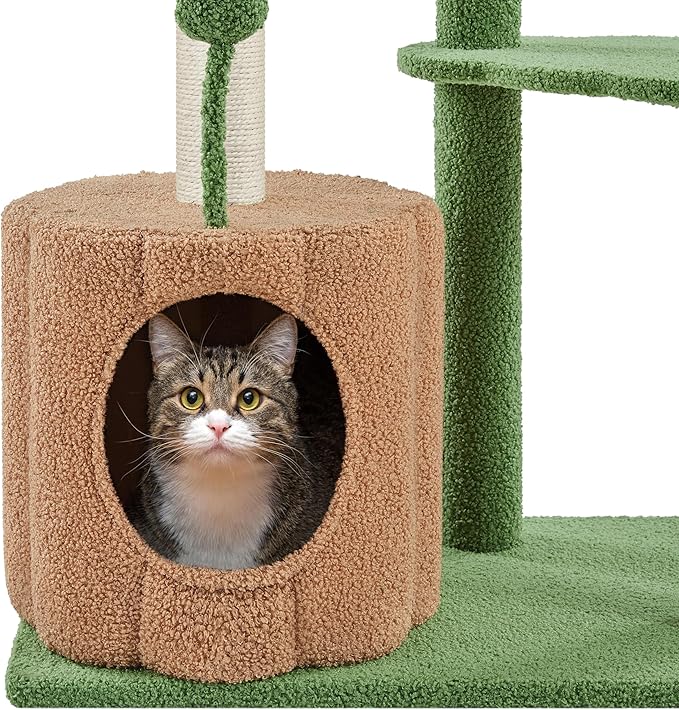 Topeakmart Cat Tree, 42in Pumpkin Cat Tower with Spring Teasing Ball and Leaf Shape Design, Cute Cat Tree with Natural Sisal Scratching Posts, Platform, Condo for Indoor Cats, Green & Brown