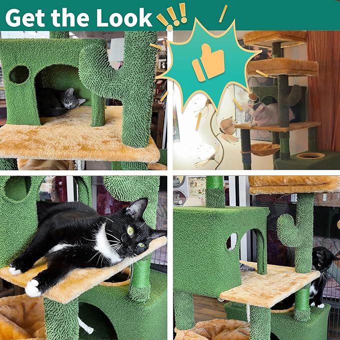 YITAHOME 193 cm Tall Cactus Cat Tower for Large Cats,76 inch Heavy Duty Cat Tree for Indoor Large Adult Big Cats Maine Coon Cat Tree Tower with Scratching Post, Hammock, Cat Condo, Cactus Green
