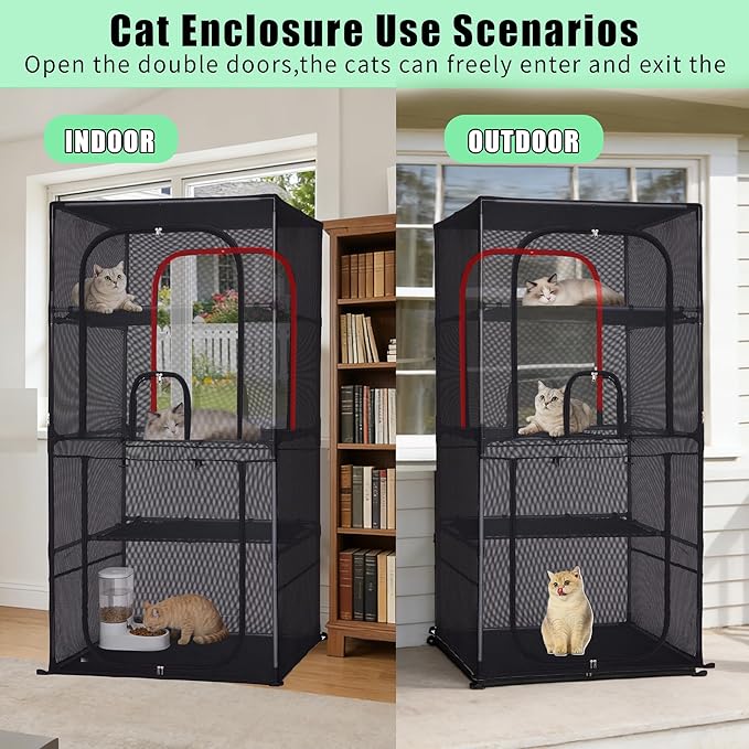 Catio Outdoor Cat Enclosure,4 Tiers Window Catio,Upgraded Mesh Cat Enclosure Sturdy and Durable with Multiple Doors Easy to Clean(31.4“L× 31.4”W ×63" H)