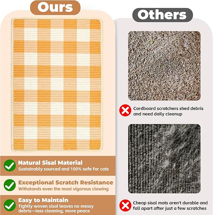 Cat Scratcher Mat, 23.6x15.7 Inch Natural Sisal Cat Scratch Pad, Horizontal Cat Scratching Pad Rug for Indoor Cats with Sticky Tapes, Protect Couch & Carpets（Orange White）
