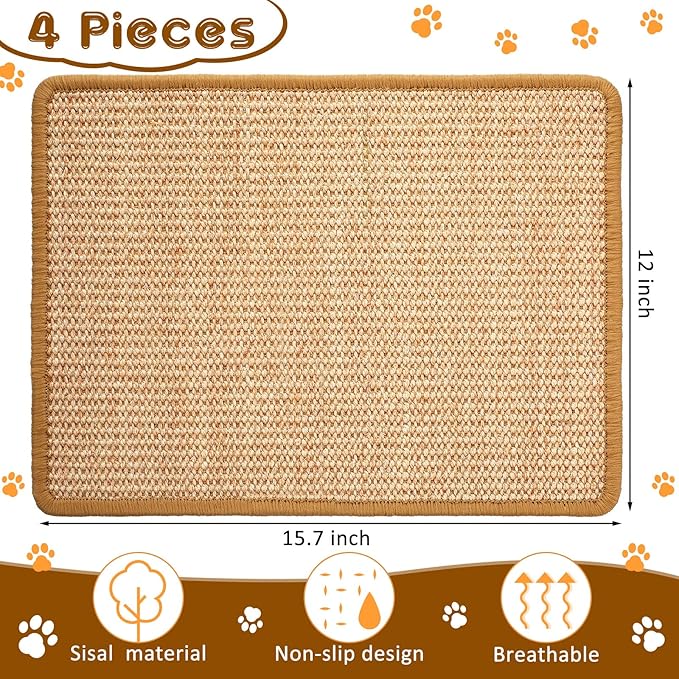 Newwiee 4 Pcs Cat Scratch Sisal Mat Cats 15.7 x 12 Inch Scratching Pad Rug for Cat Grinding Claws and Carpets Sofa Couch Furniture Door Protector