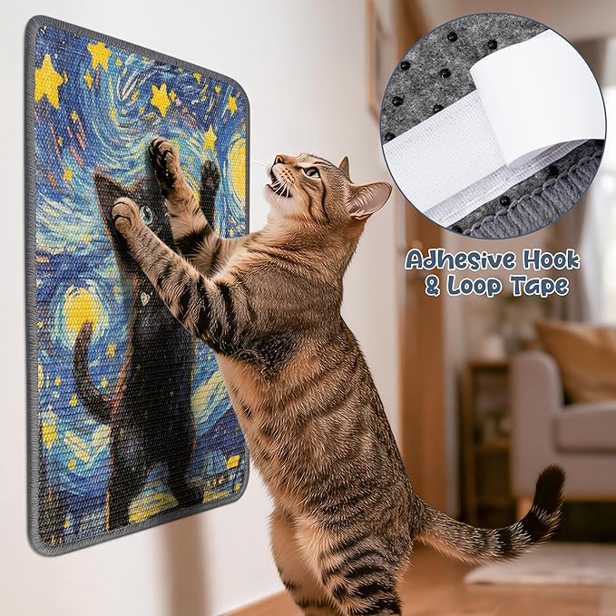 Sisal Cat Scratching Pad - Shedding-Resistant Wall Scratcher Mat for Indoor Cat, Kitten Art Starry Night Scratching Mats for Carpet Couch Furniture with Adhesive Hook Loop Tape(24 * 16in)