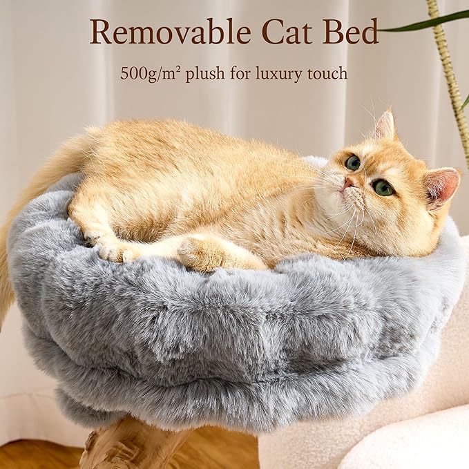 HITTITE Natural Wood Cat Tree Tower with Scratching Post, 32 Inches Tall Modern Cat Tower with Cozy Bed and Platforms, Luxury Real Branch Cat Tree for Indoor Cats Large Adult, Grey.