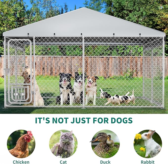 DWVO 10'x10' Dog Kennel Outdoor with Rotating Feeder Bowls, Outdoor Dog Pens with Roof, Heavy Duty Dog House for Medium Large Dogs