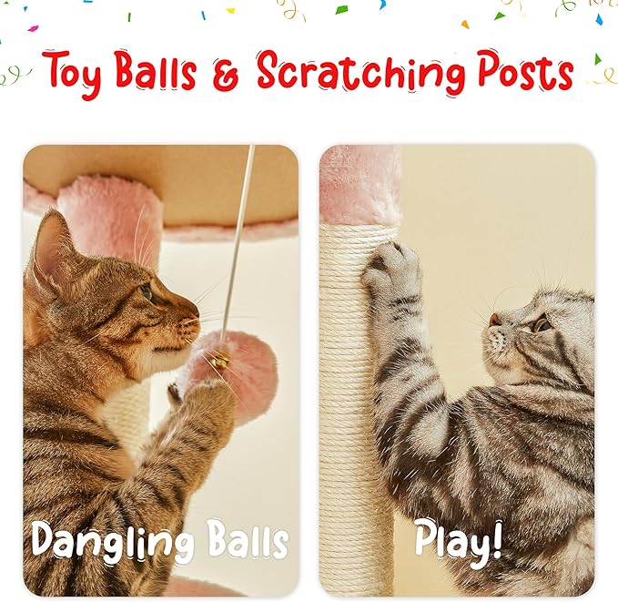 Pink Cat Tree, Floor to Ceiling Cat Tower Adjustable Height [92.9-102.4 in=235-258cm], 7 Tiers Cat Climbing Play House with Scratching Post, Cozy Condo & Hammocks for Indoor Cats