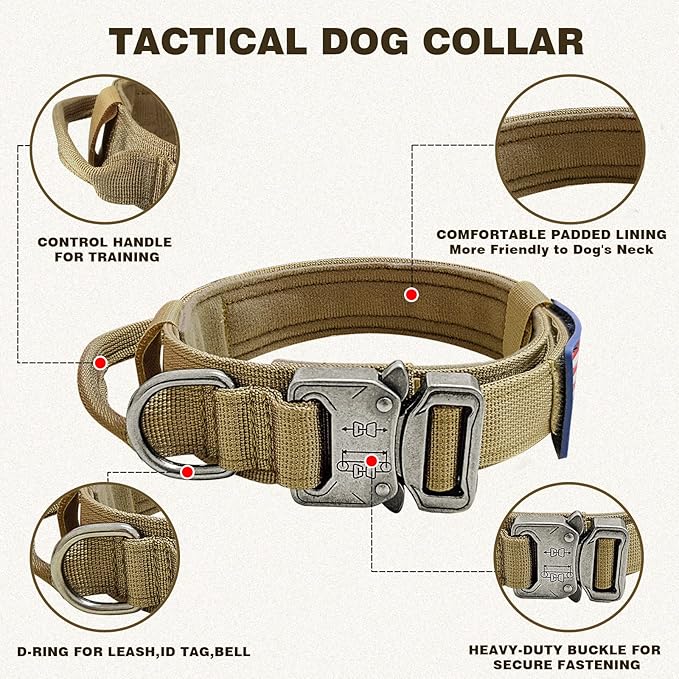 Military Dog Collar, Adjustable Nylon, Heavy Duty Metal Buckle with Handle, Includes Airtags Case Cover and Patches, Brown, XL, Suitable for Large Dogs