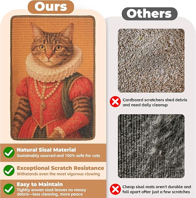 Sisal Cat Scratcher Mat, Cat Wall Scratcher for Indoor Cats, 23.6x15.7 Inch Cat Scratch Pad with Hook & Loop, Wall Mounted Cat Scratching Post to Protect Couch and Carpet（Grace Cat）