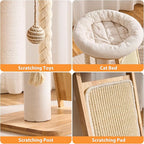 Modern Cat Tree Small Tower with Scratching Post for Indoor, Solid Wood Multifunctional Corner Cat Tree Tower with Bed, Dangling Ball,Interactive Rope, Scratching Board