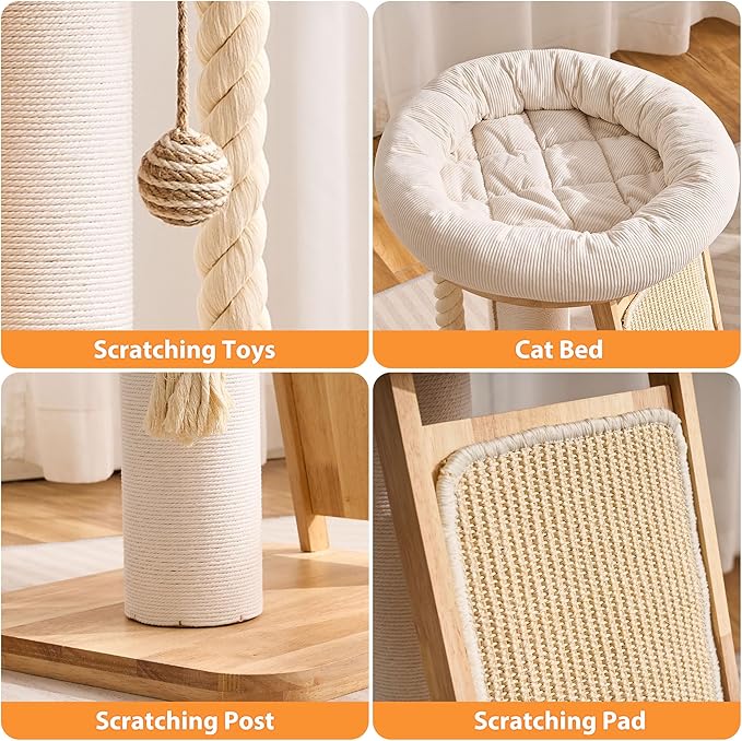 Modern Cat Tree Small Tower with Scratching Post for Indoor, Solid Wood Multifunctional Corner Cat Tree Tower with Bed, Dangling Ball,Interactive Rope, Scratching Board