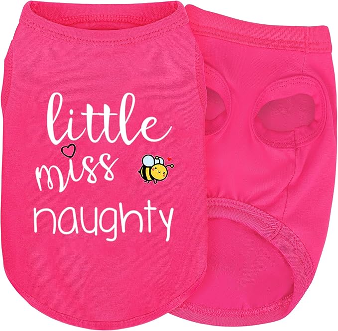 Pink Cotton Dog Shirt with 'Little Miss Naughty' Bee Print, Soft & Breathable Pet Apparel for Small to Large Dogs, All-Season Sleeveless Vest, Cute and Comfortable Dog Outfit.Pink XS