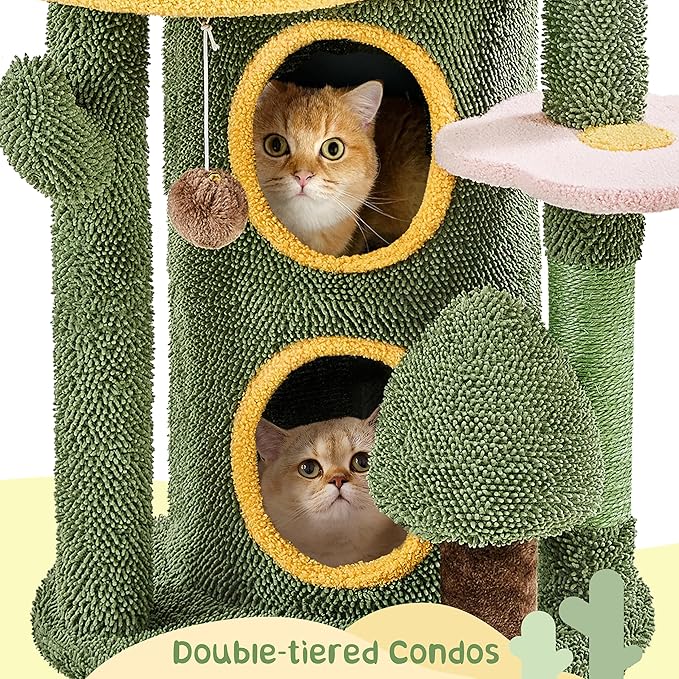Yaheetech 48in Cactus Cat Tree with Flower-Themed Perches, Multi-Level Platforms, Condo, Scratching Posts & Dangling Balls
