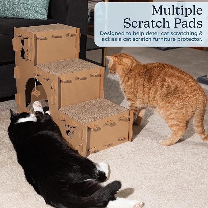 Cat House - Cardboard Cat House with Scratching Pads, Toys, and Catnip - 3-Story Cat Houses for Indoor Cats, Kittens and Small Animals by PETMAKER
