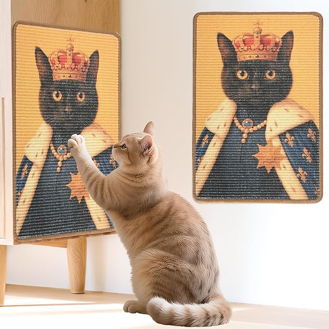 Sisal Cat Scratcher Mat, Cat Wall Scratcher for Indoor Cats, 23.6x15.7 Inch Cat Scratch Pad with Hook & Loop, Wall Mounted Cat Scratching Post to Protect Couch and Carpet（Monarch Cat）