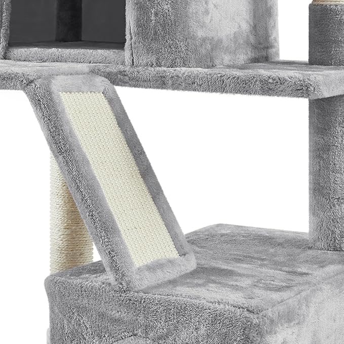 Topeakmart 71.5 inch Cat Tree Tower, Cat Furniture w/ 2 Condos, 2 Perches, 2 Hanging Balls Pet Stand House with Basket and Hammock for Indoor Cats and Kittens, Light Gray