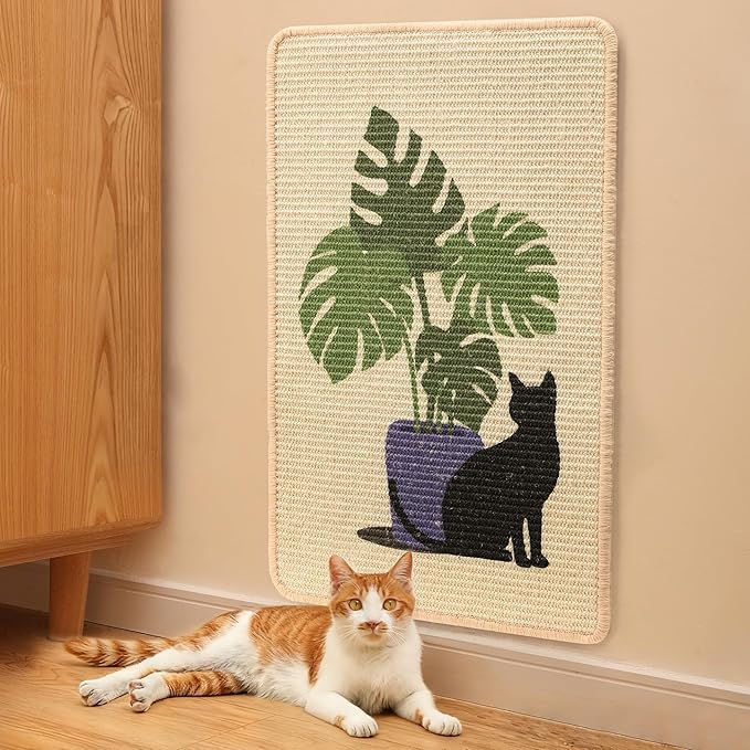 FUKUMARU Sisal Cat Scratching Mat, 23.6 x 15.7 Inch Natural Sisal Cat Scratch Pad Mats for Indoor Cats, Horizontal Cats Wall Scratcher Kitten Floor Rug with Sticky Tapes, Furniture Protector(Monstera)