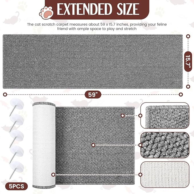 59" x 15.7" Thickened Cat Wall Climbing Carpet Large Cat Scratcher Mat Carpet with 5 Pcs Fixed Nails Wall Furniture Scratching Post Couch Sofa Protector