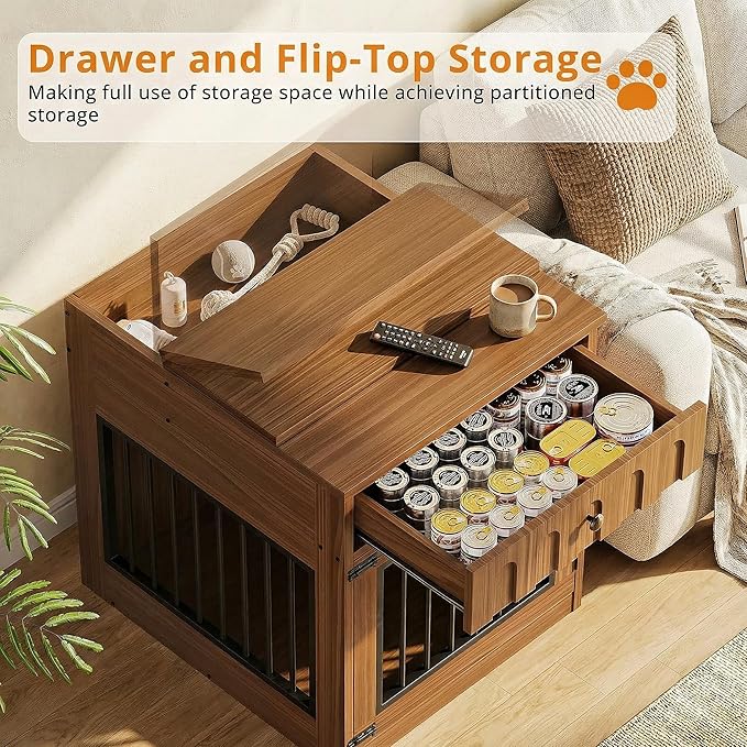 IRONCK Dog Crate Furniture, Wooden Dog Crate with Drawer and Flip-Top Storage, Indoor Dog House End Table for Small Breeds, for Living Room, Bedroom, Walnut