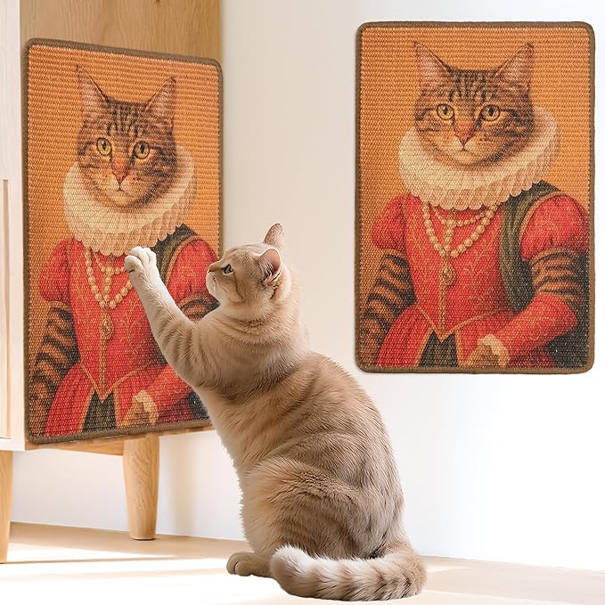 Sisal Cat Scratcher Mat, Cat Wall Scratcher for Indoor Cats, 23.6x15.7 Inch Cat Scratch Pad with Hook & Loop, Wall Mounted Cat Scratching Post to Protect Couch and Carpet（Grace Cat）