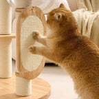 Modern Solid Wood Cat Tree Small Tower with Scratching Post for Indoor, Multifunctional Cat Tree Tower with Bed, Space Capsule, Hammock, Scratching Board, Dangling Ball