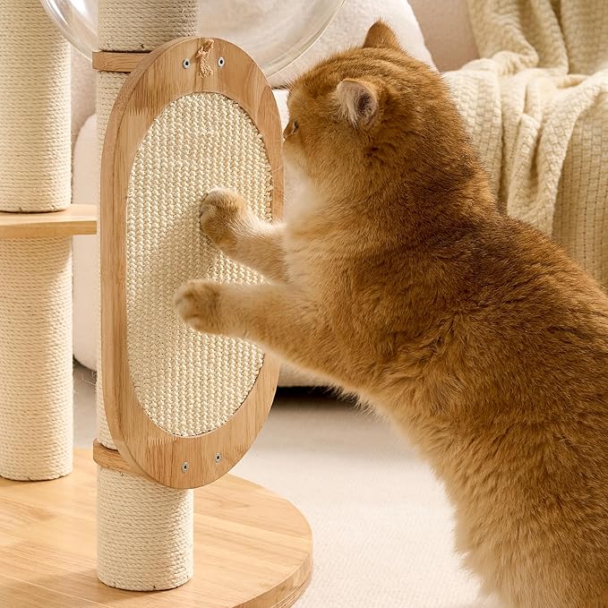 Modern Solid Wood Cat Tree Small Tower with Scratching Post for Indoor, Multifunctional Cat Tree Tower with Bed, Space Capsule, Hammock, Scratching Board, Dangling Ball