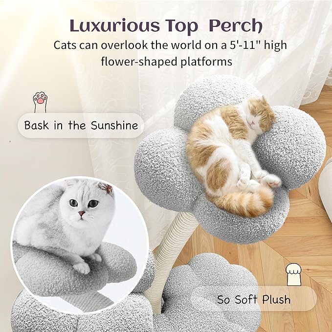 FKWin 71 Inch Tall Cat Tree, Flower Shape Scratching Post, Cat Scratcher, Cat Furniture for Indoor Cats, Kittens Pet House, Cat Bed with Hang Ball, Plush Cat Tower for Large and Small Cats(Gray)