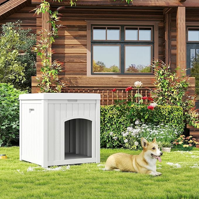 Indoor Dog House Weatherproof Outdoor Dog Houser for Small Medium Dogs, Resin Plastic Igloo Dog House with Flip Lid and Elevated Floor, Easy Assembly for Cat Puppy Shelter (White)