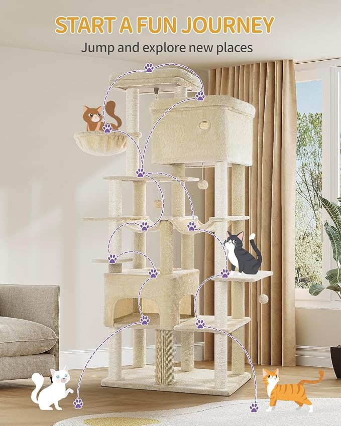Cat Tree, 78.7" XXL Cat Tree with 10 Scratching Posts, 2 Caves, 2 Hammocks, Large Platform, Cat Brushes, Basket, Heavy Duty Cat Tree for Maine Coons, Large Cats, Beige MS20018YL