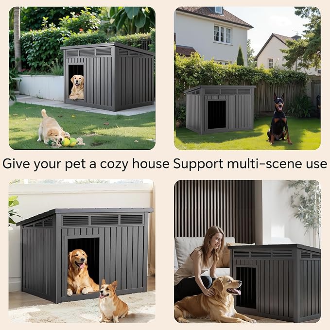 VIXZEN Dog House Outdoor, Indoor Dog House Medium Size Dog with Weatherproof PP Resin Material, Doghouse Outdoor with Openable Roof for Easy Cleaning, Sloped Roof, Air Vents, Easy Assembly (Black)